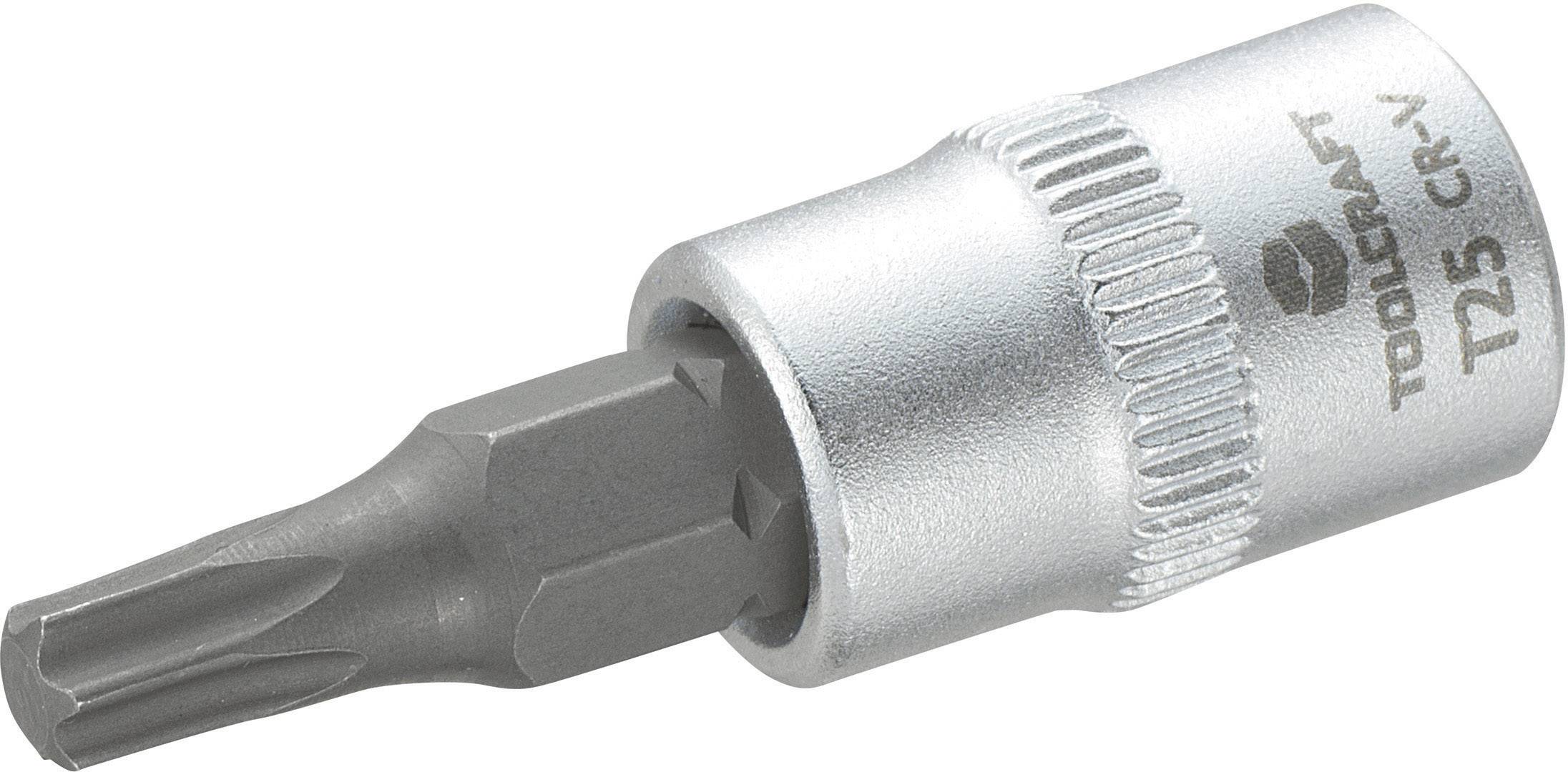 En silverfärgad verktygsinsats med Torx-bits T25 för skruvar, märkt med 'TOOLCRAFT T25 CR-V', tillverkad av krom-vanadin-stål.