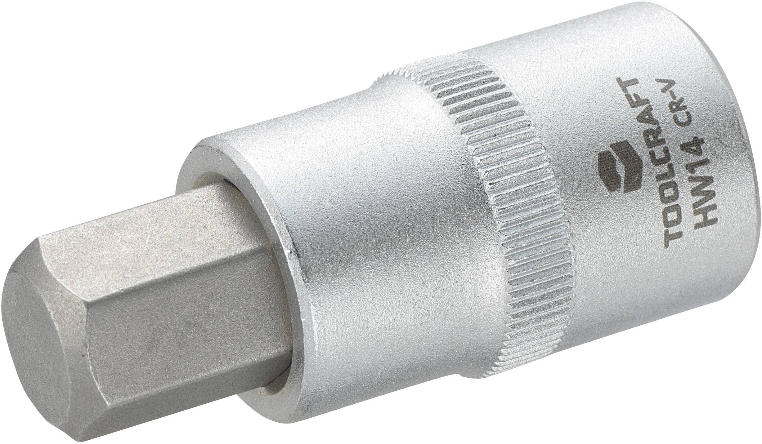 Sexkantshylsa med 14 mm insex, tillverkad av krom-vanadin-stål, märke Toolcraft, silverfärgad, med räfflad kant för bättre grepp.