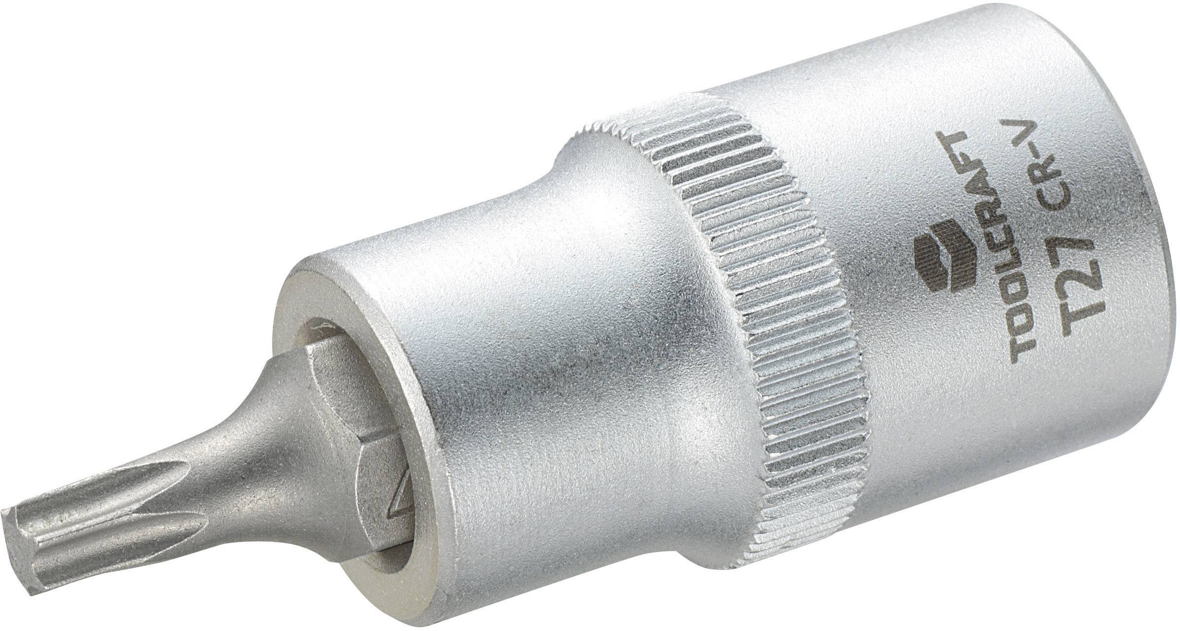 En silverfärgad Torx-bit, märkt 'TOOLCRAFT T27 CR-V', med räfflad kant, huvudsakligen avsedd för skruvmejsel.
