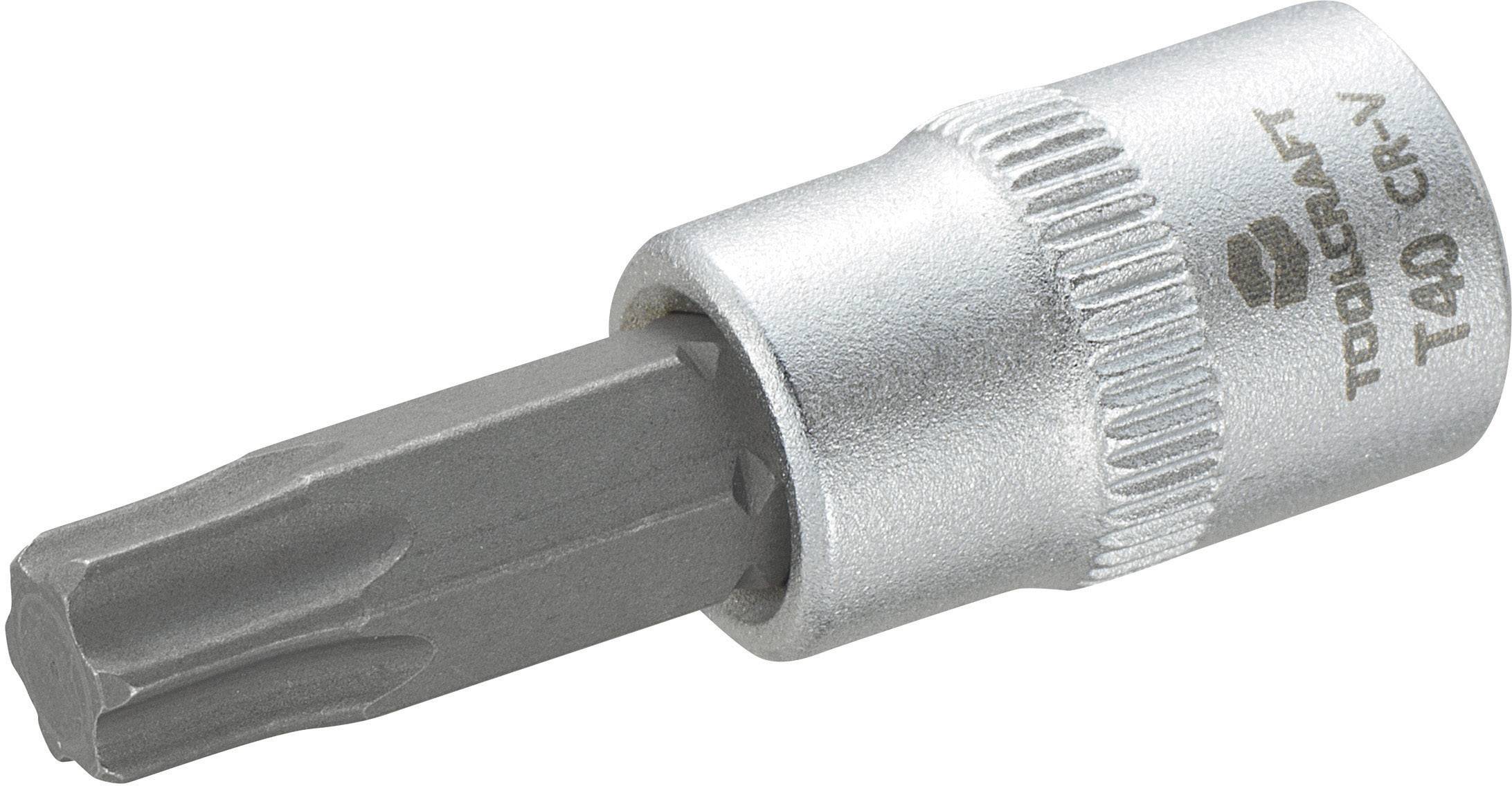 En silverfärgad Torx-bits-insats från märket Toolcraft märkt 'T40 CR-V'. Lämplig för användning med spärrverktyg.