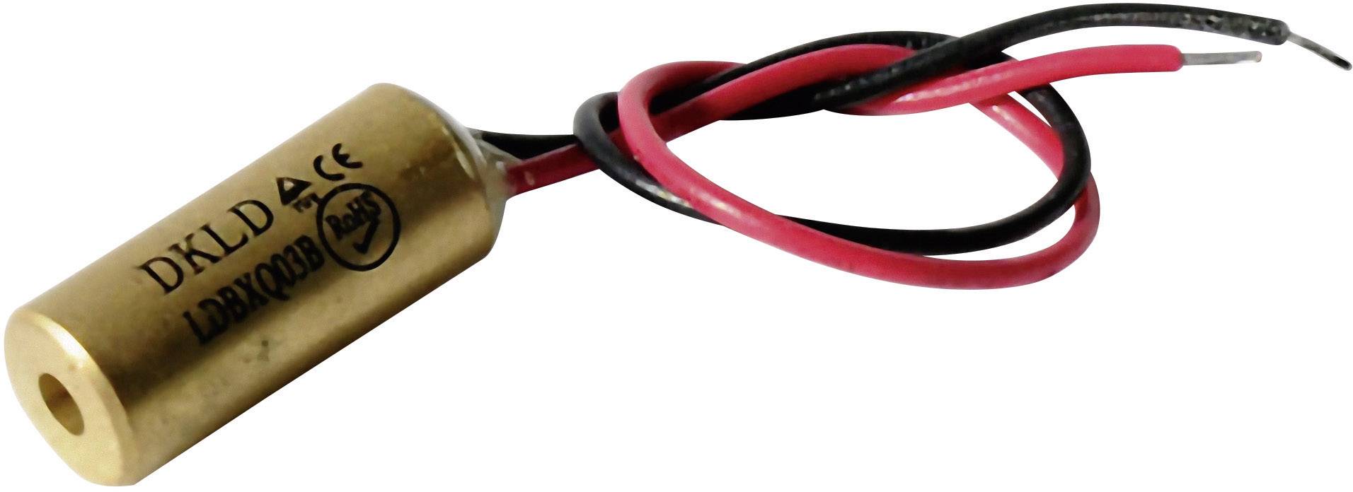 Gyllene cylindrisk laser med röda och svarta trådar, på höljet står 'DKLD LBDR/02DB'.