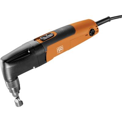 En elektrisk plåtsax, lämplig för precision vid metallklippning. Enheten är orange och svart med ett roterbart huvud.