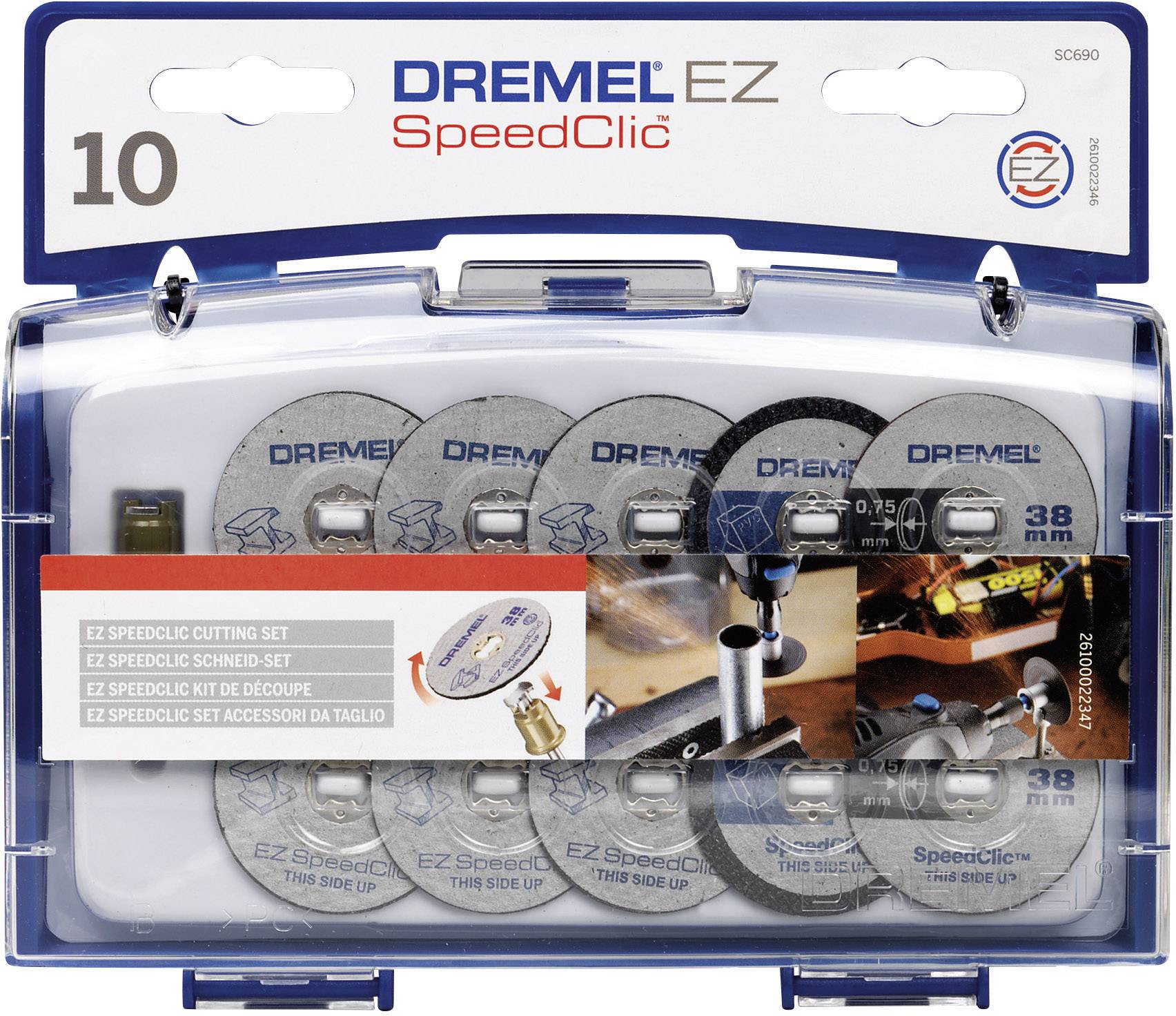 Dremel EZ SpeedClic skärset med 10 skärskivor, lämpliga för metall och andra material, presenterat i plastlåda.