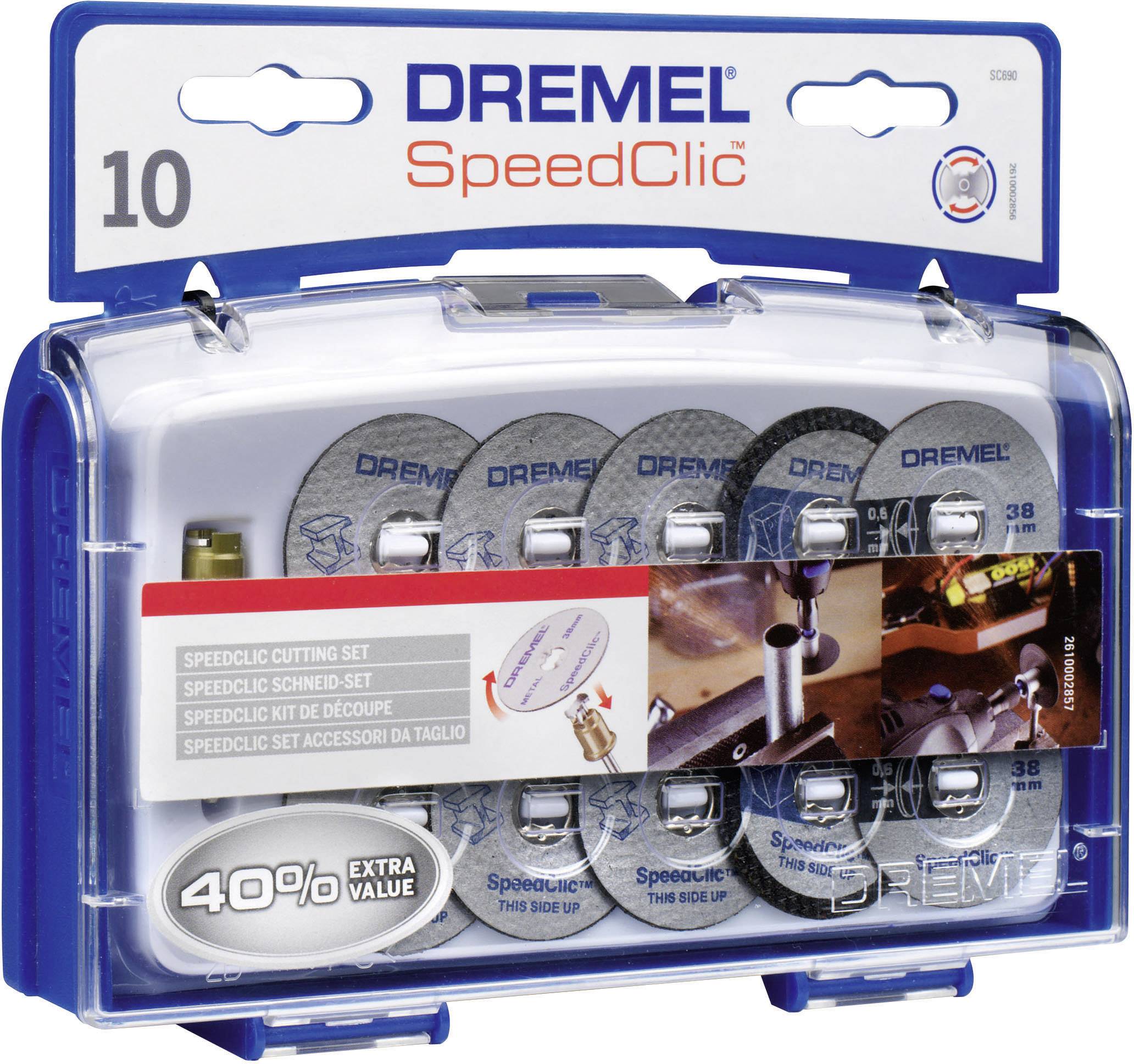 Dremel SpeedClic-set med 10 skärskivor i en genomskinlig förpackning. Erbjuder 40% extra värde. Lämplig för skärarbeten.