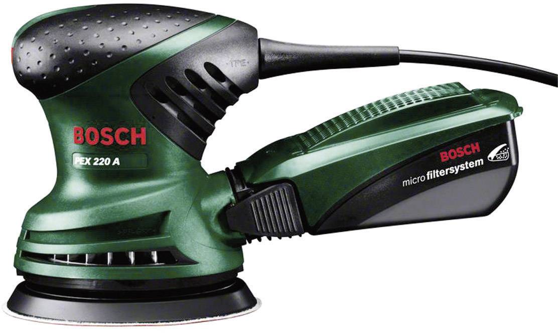 Elektrisk oscillerande slipmaskin med svart och grönt design, märke 'Bosch', modell PEX 220 A, med integrerat mikrofiltersystem.
