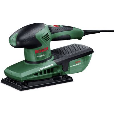 En grön Bosch oscillerande slipmaskin med texten 'LOW VIBRATION', modell PSS 200 A, på vit bakgrund.