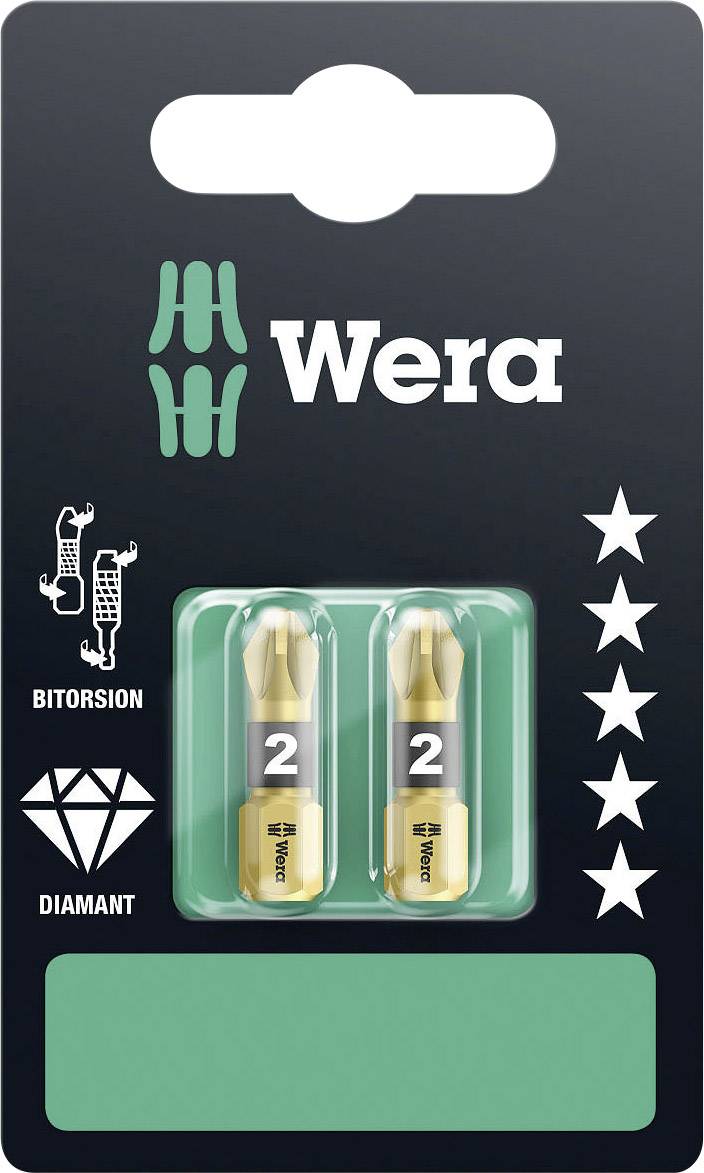 Wera förpackning med två krysspårsbits och 'Diamant Bitorsion' symboler, lämplig för robusta skruvar.