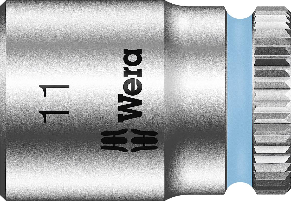 Hylsnyckel från märket Wera. Storlek 11, silverfärgad med blå ring vid basen.