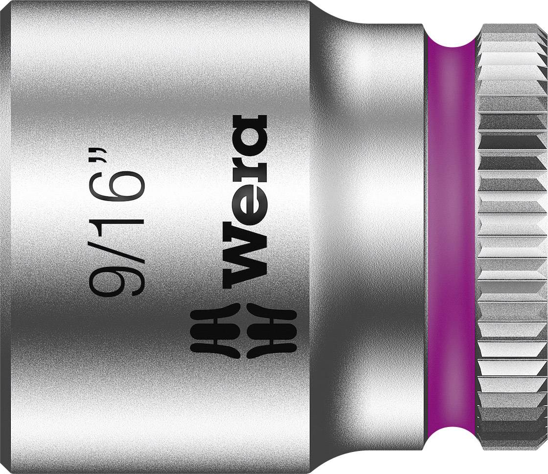 Metalliskt spärrnyckelhylsinsats från Wera, storlek 9/16", med räfflad kant och rosa ring, för hantverksarbeten.