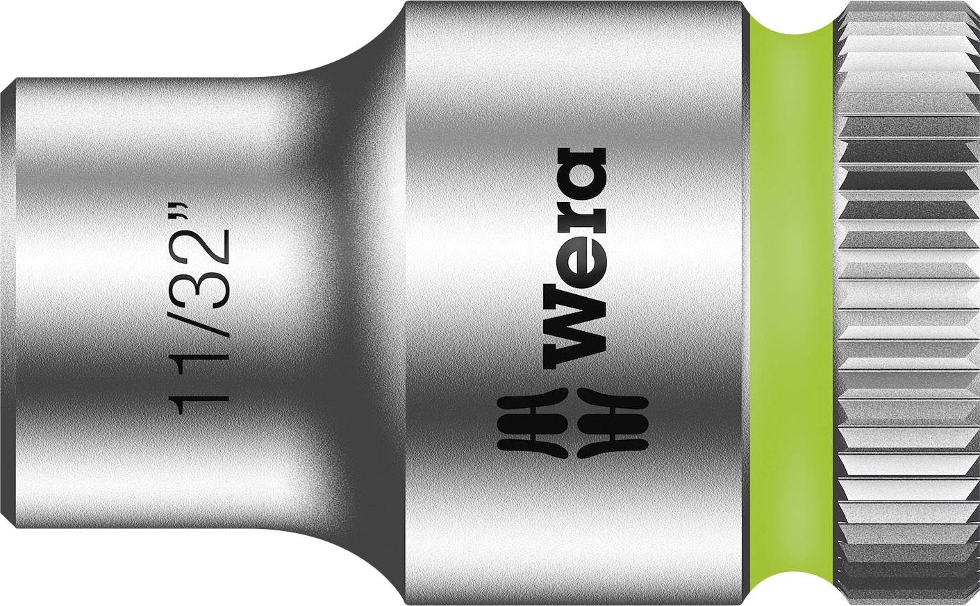 Hylsnyckel 11/32 tum från Wera, med metallisk yta och en grön ring i änden.