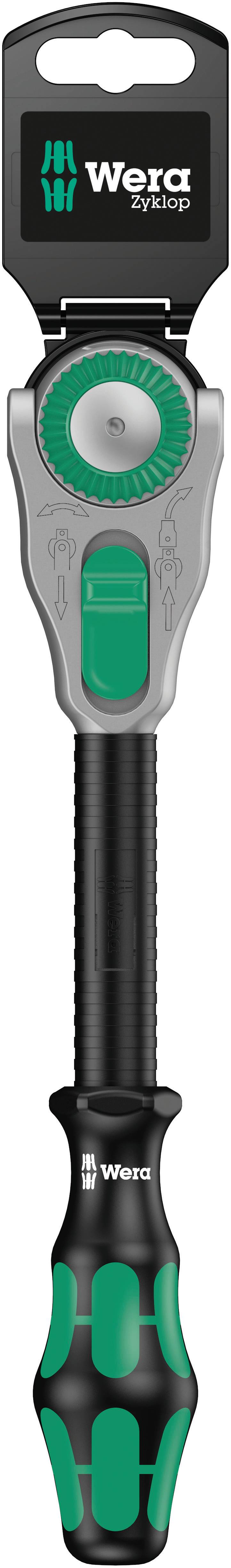 En skruvmejsel med ett grönt, ergonomiskt utformat handtag och ett vridbart huvud. Framtill syns Wera-märkets logotyp.