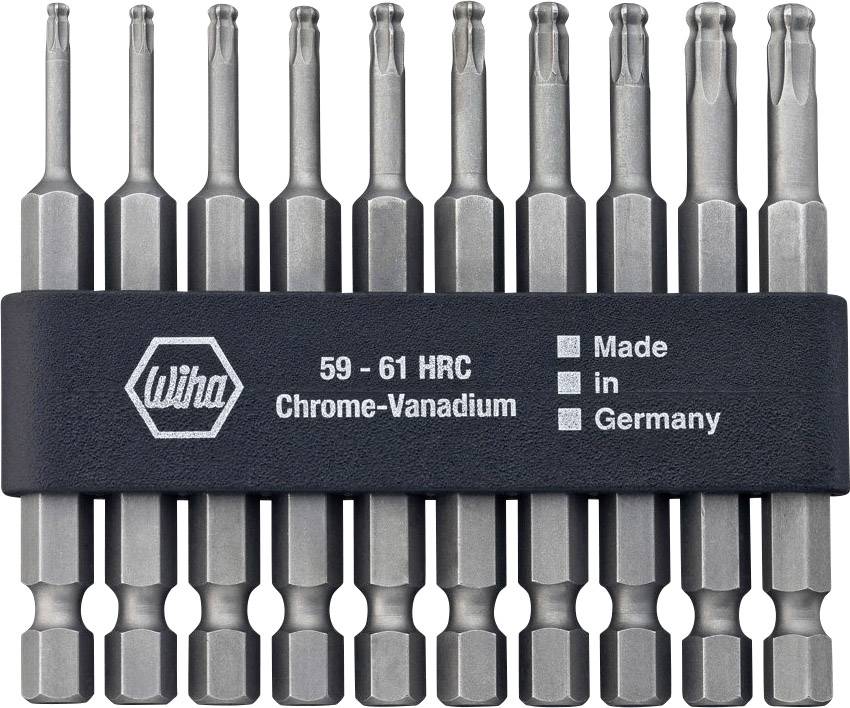 En uppsättning Torx-bits av krom-vanadin, fasthållen av ett svart fäste. Märkning: '59-61 HRC', 'Made in Germany'.