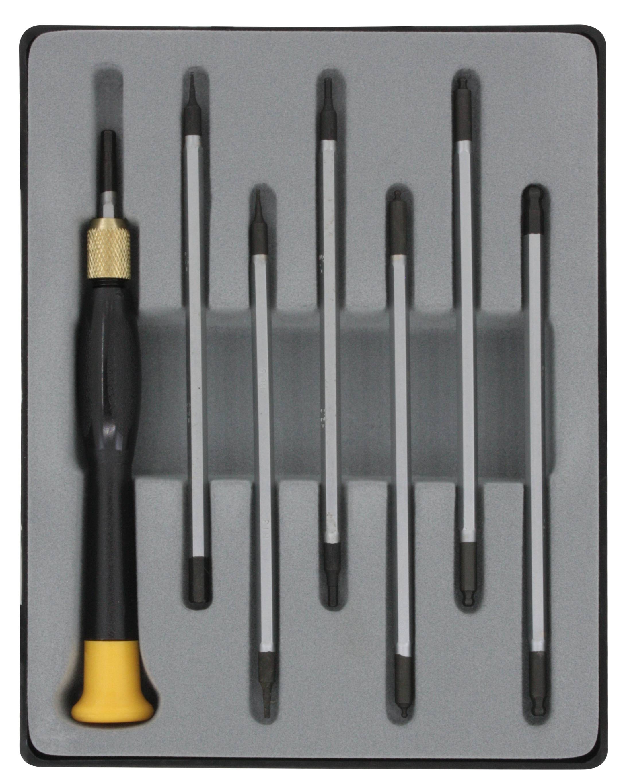 En uppsättning om sex skruvmejslar med magnetiska spetsar och ergonomiskt grepp i svart och gul färg, förvarade i ett fodral.