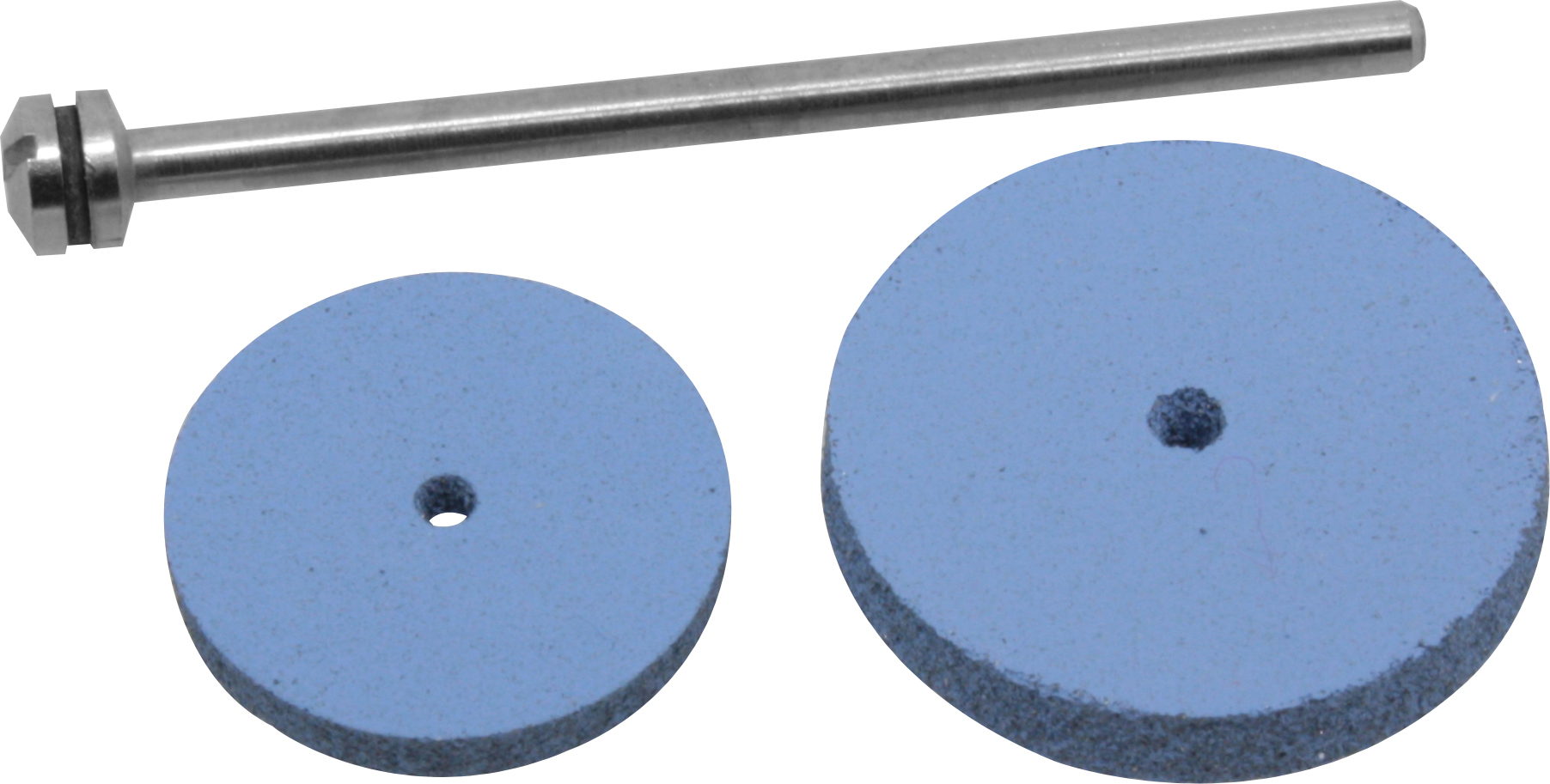 Slipstensinsatser: Två blå, runda slipskivor i olika storlekar och en metallpinne, på vit bakgrund.