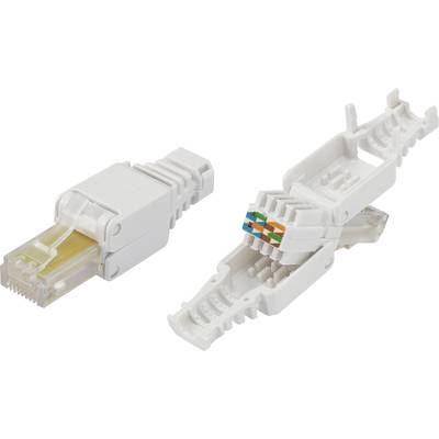 'RJ45-kontakt: Sammansatt kontakt till vänster, öppen kontakt med synlig färgkodad kabelfördelning till höger.'