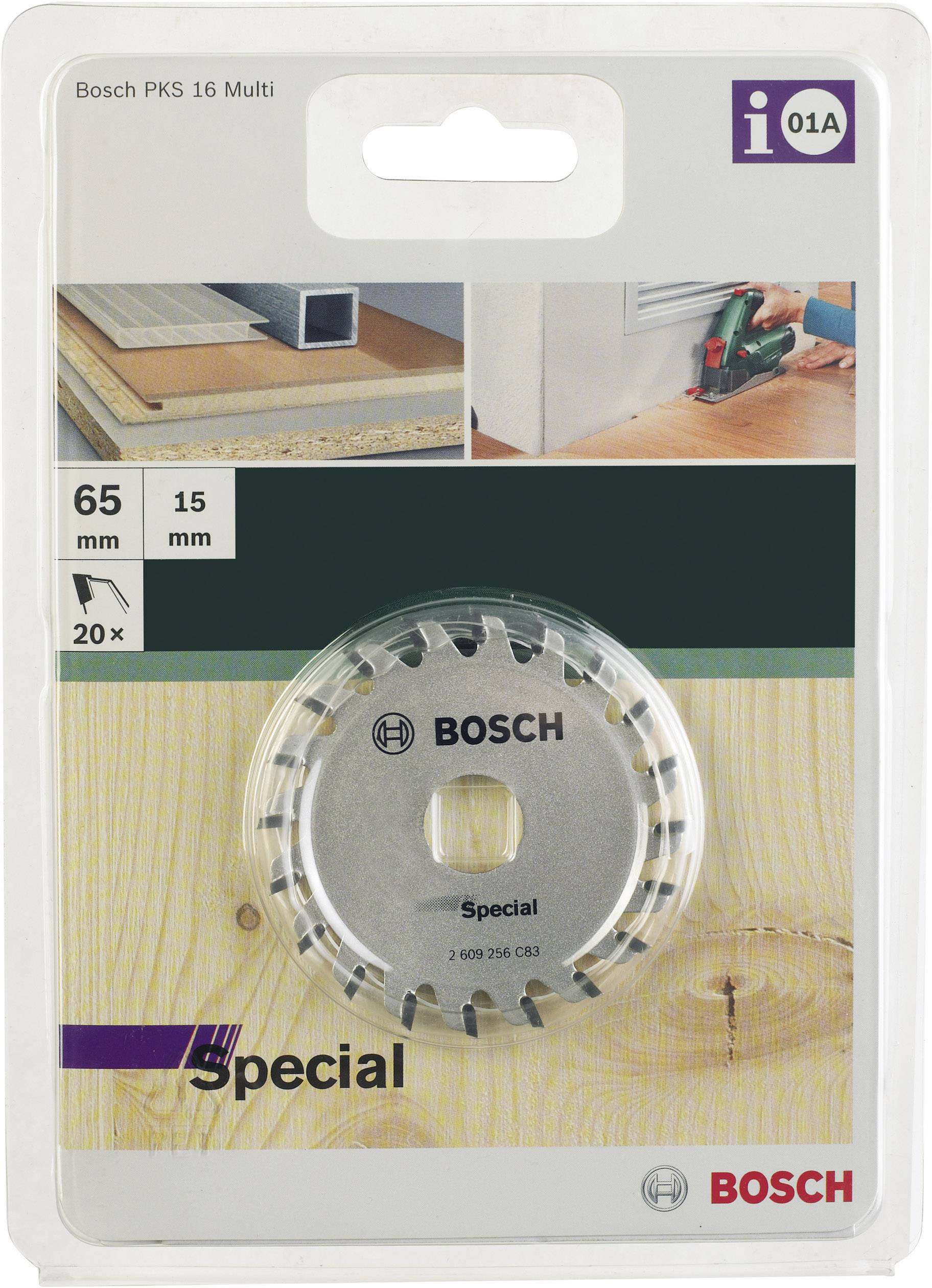 Förpackning av ett Bosch-sågbladsblad med 65 mm diameter och 15 mm hål. Lämplig för träarbeten, 20 stycken.