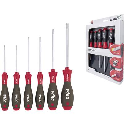 Sexdelars skruvmejselsats med ergonomiska handtag. Innehåller olika storlekar. Förpackningen till höger visar produktvy.