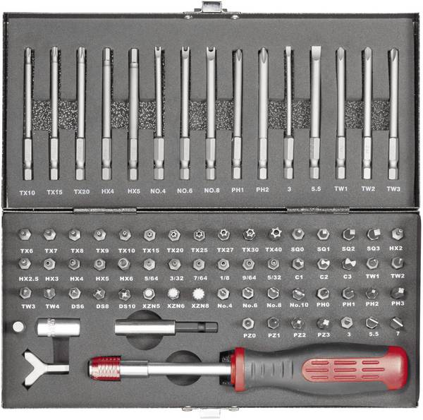 TOOLCRAFT HT02183 820952 Bit-Set 75 delar Spår, Inner-sexkantig, Koppling, Tri-Wing, TORQ, Inner-flertandad (XZN), Stjärnspår Pozidriv, Stjärnspår Phillips, T-Profil