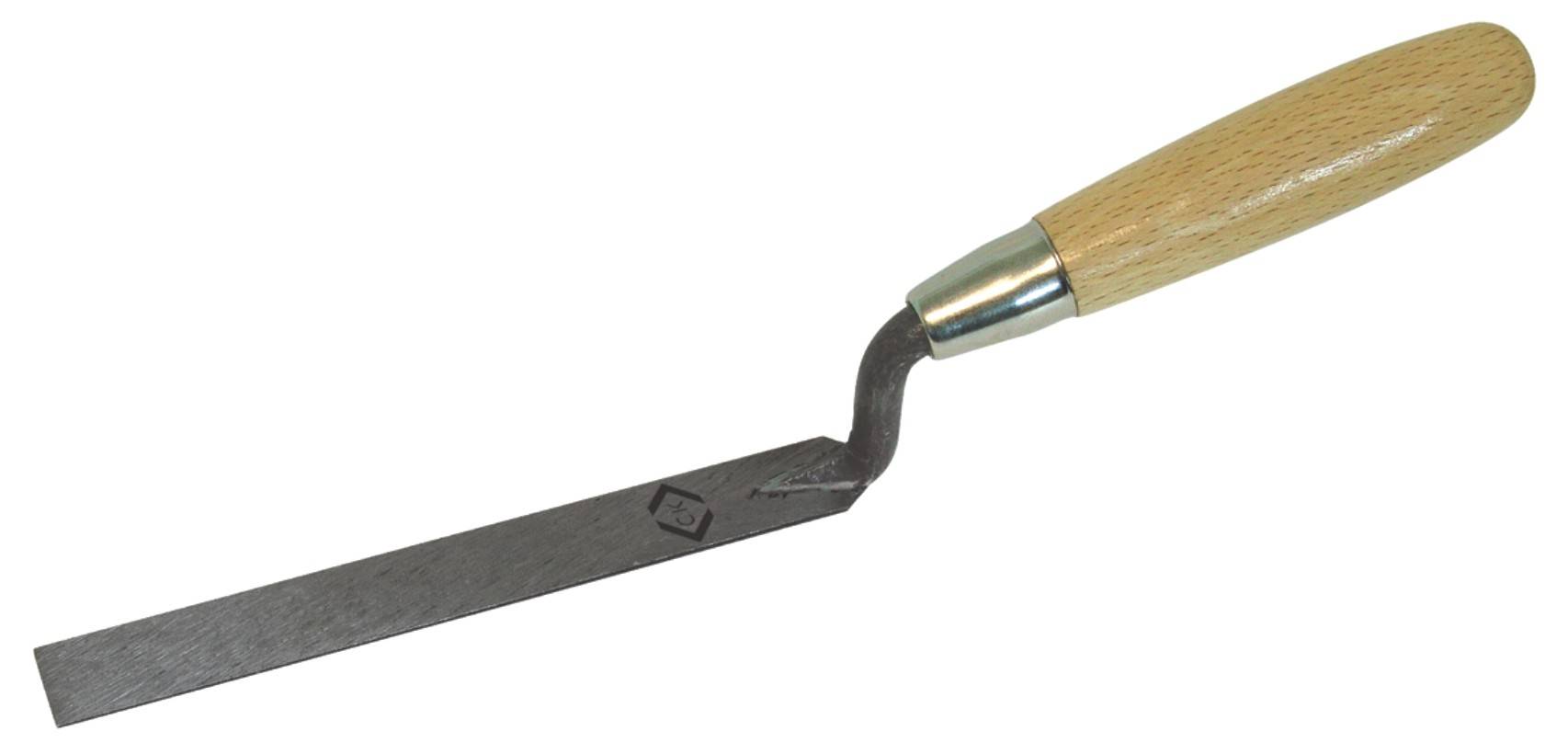Murslev med trähandtag och metallblad, lämplig för applicering av murbruk.