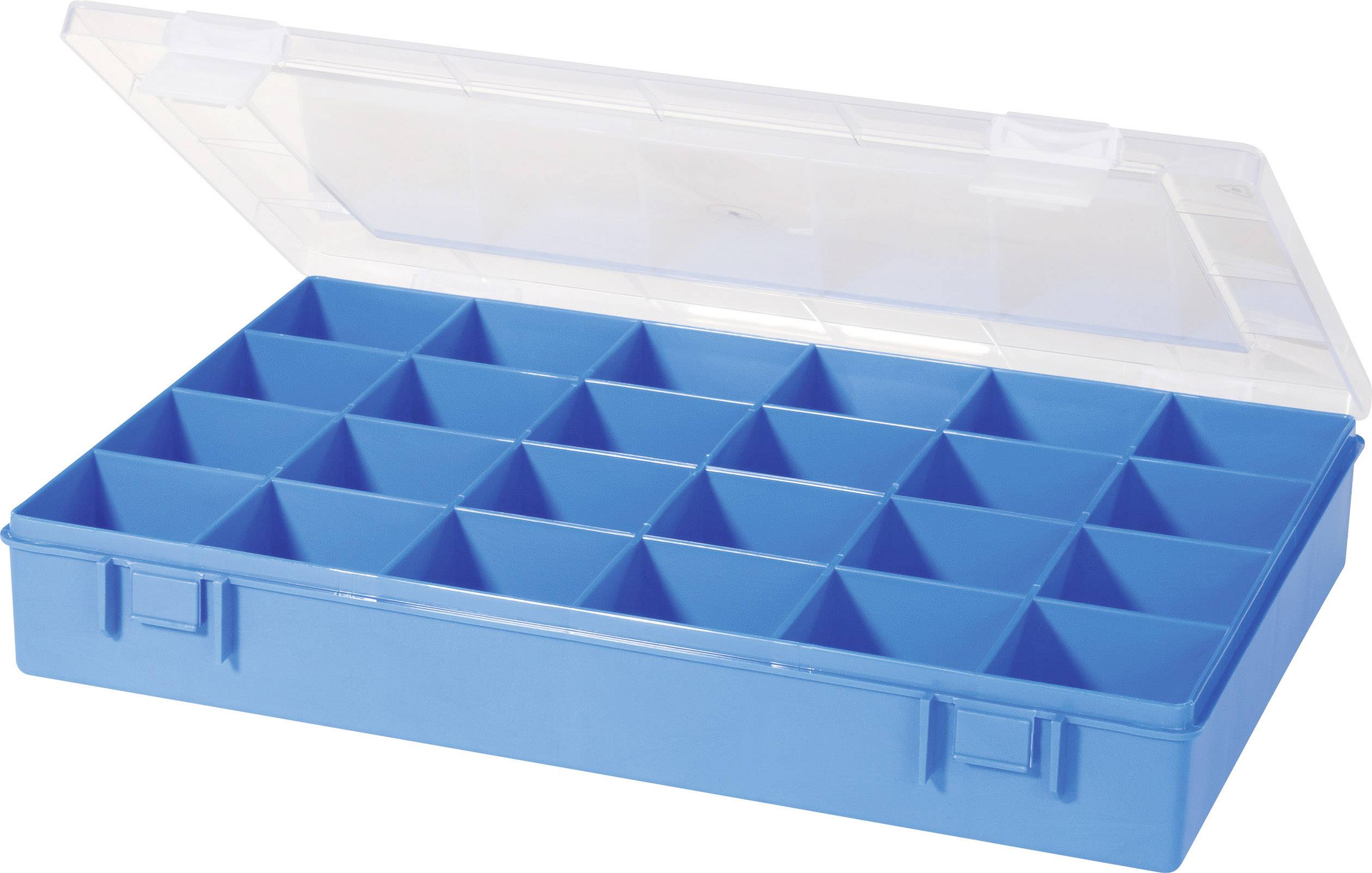Ljusblå förvaringsbox i plast med transparent lock, indelad i 21 fack. Lämplig för smådelar.