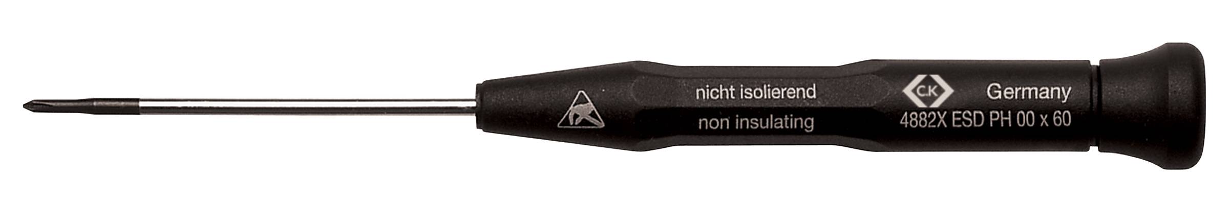 En svart skruvmejsel med fin spets, märkt med 'ej isolerande' och 'Germany'. Designad för precisionsarbeten.