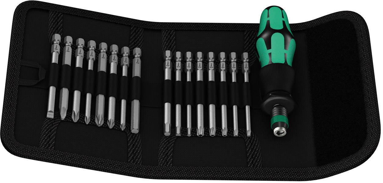 Set av bits och skruvmejsel i en svart tygpåse. Innehåller olika bittyper och ett ergonomiskt handtag.