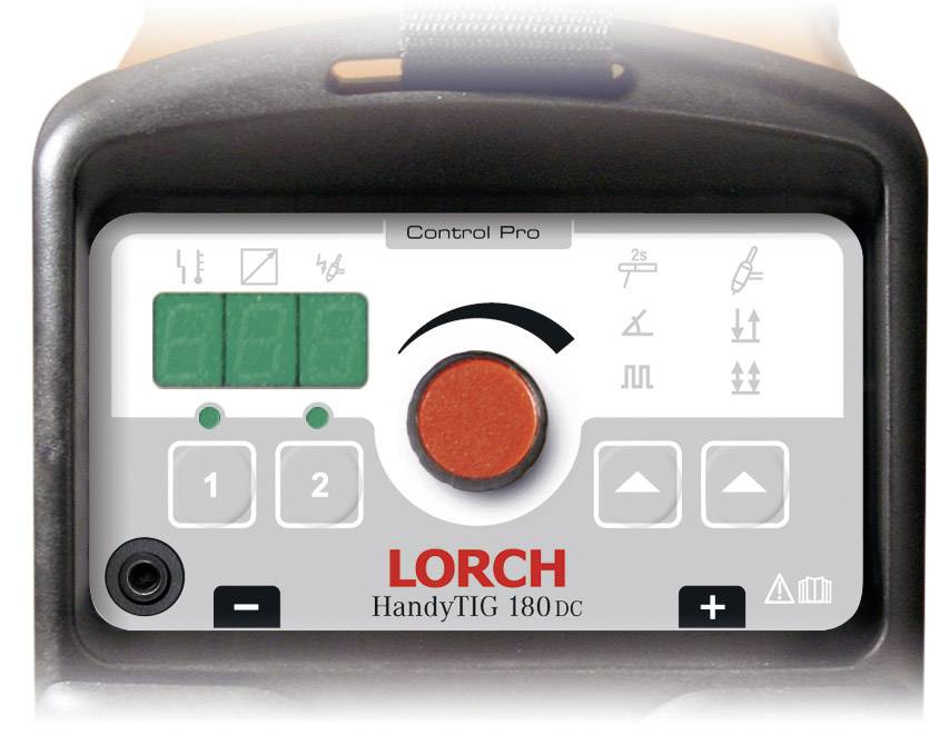En kontrollpanel från en svetsmaskin av märket 'Lorch', med knappar, en vridreglage och symboler för olika inställningar.