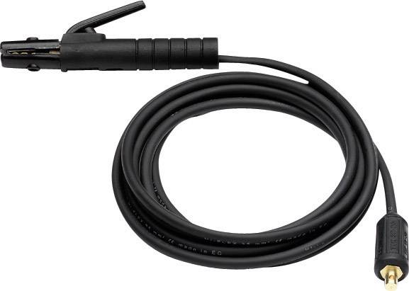 Svetselektrodhållare med långt, upprullat kabel och kontakt, huvudsakligen i svart färg. Lämplig för svetsarbeten.