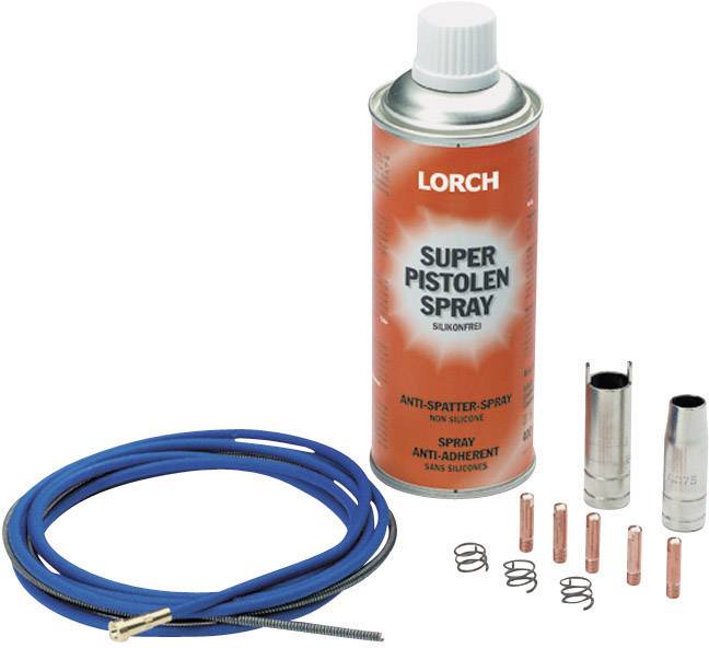 En burk "Super Pistolen Spray" från Lorch, omgiven av en blå kabel, fjädrar och små metalldelar. För svetsillbehör.