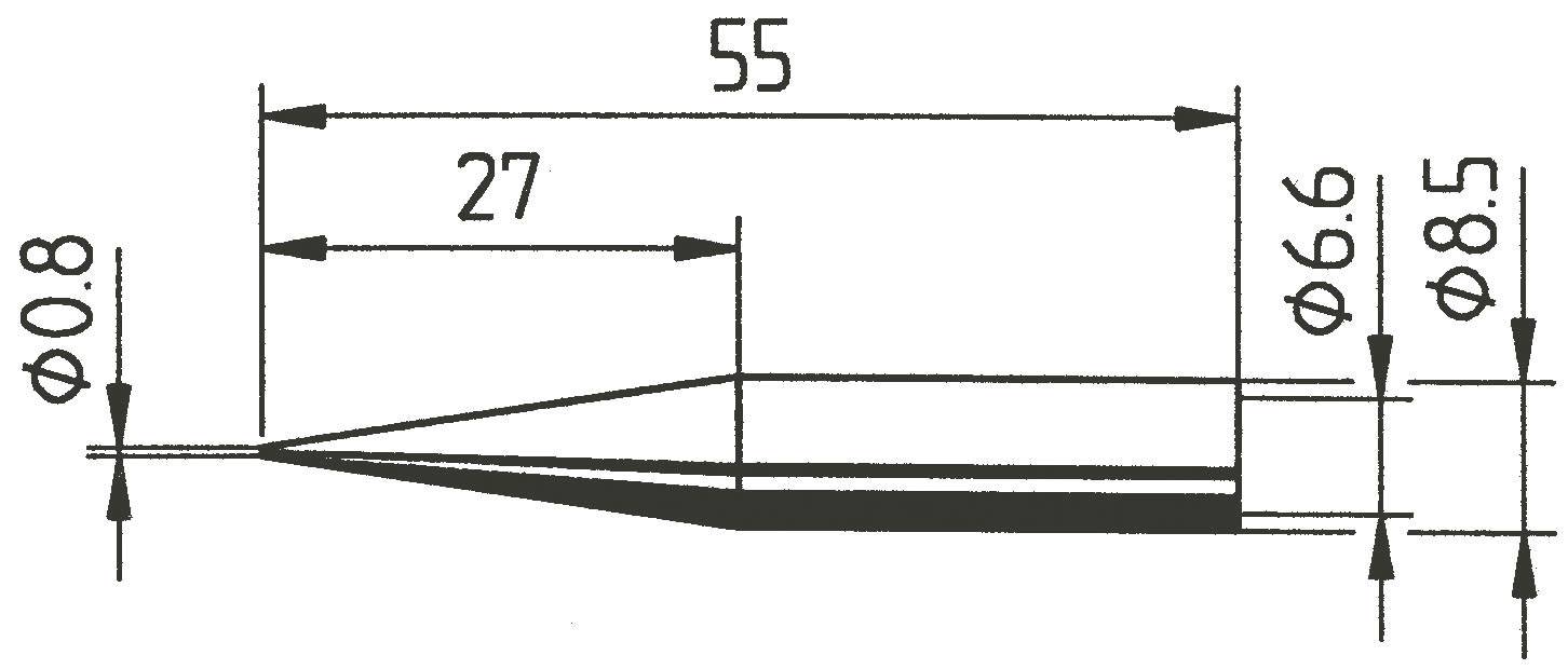 Teknisk teckning av en spetsig ändpunkt. Total längd: 55 mm, smalaste punkt: diameter 0,8 mm, bredaste punkt: diameter 8,5 mm.