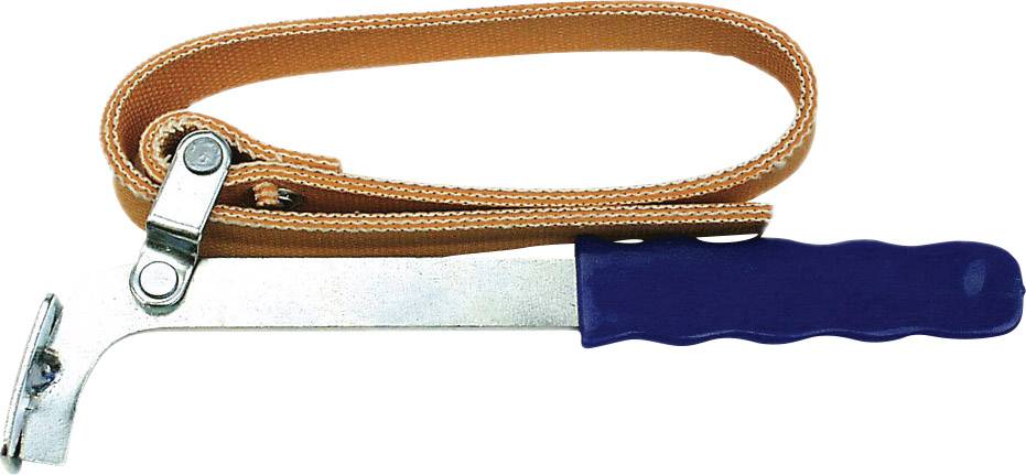 Oljefilterband-nyckel med blått handtag och orange band, använd för att lossa oljefilter i fordon.