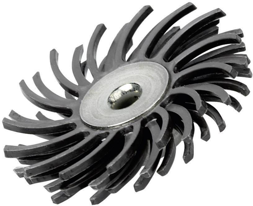 Rundborste med flexibla borst i spiralformad anordning runt en central metallhylsa. Lämplig för ytrengöring.