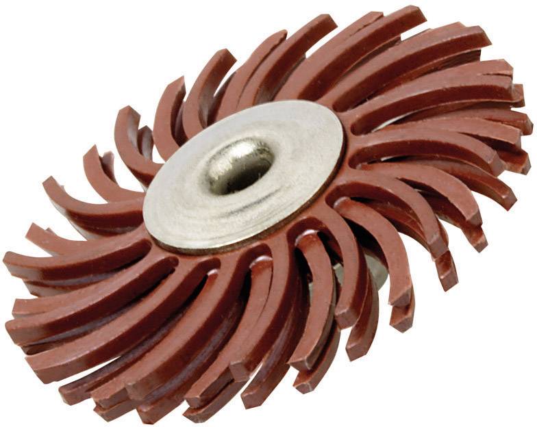 Röd skivborste med flera flexibla borstar och metallmittpunkt, används för rengöring och polering av ytor.