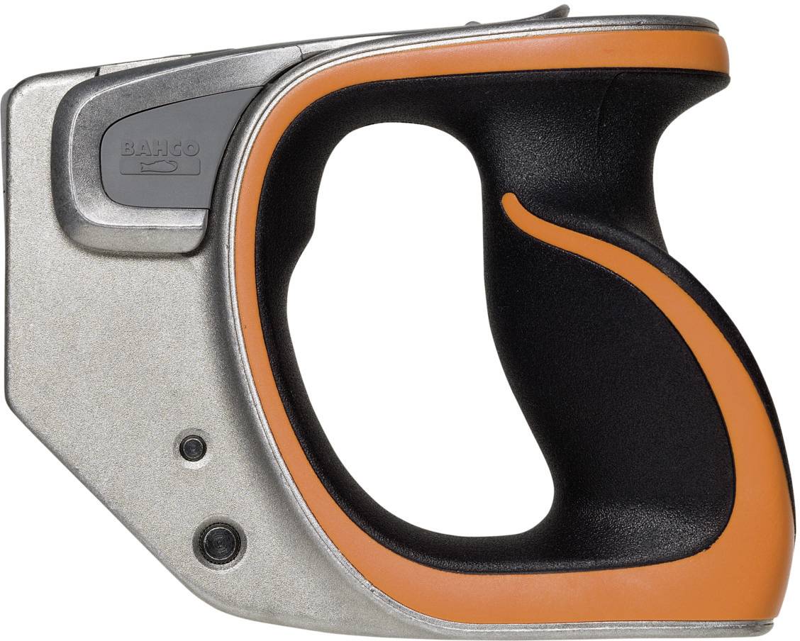Ett ergonomiskt utformat handtag i svart och orange, sannolikt för ett verktyg eller en apparat, med metallkåpa och fäste.