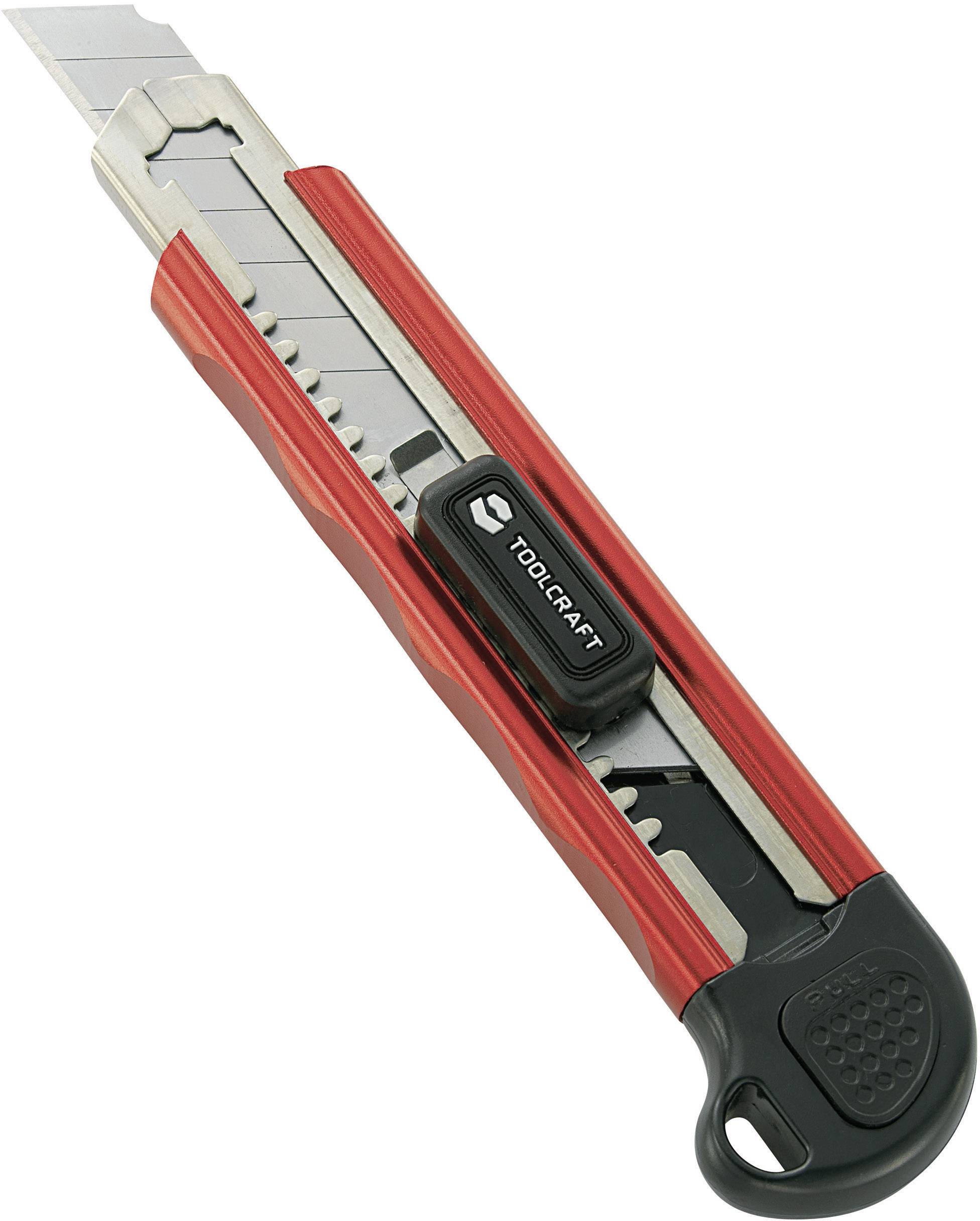 Ett rött mattkniv med svart handtag och infällbart, låsbart blad, lämplig för skärarbeten.