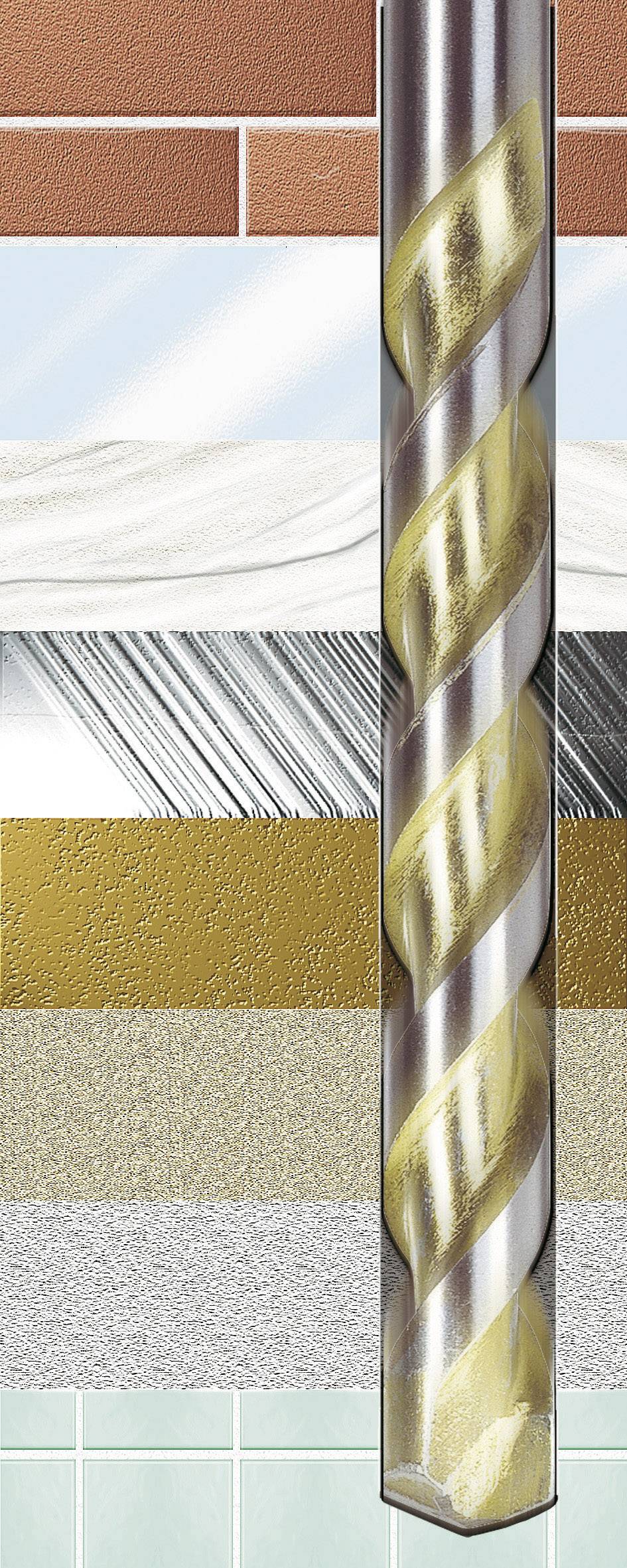 Borr framför olika material: tegel, trä, betong, metall, guldyta, tyg, grå textur och kakel.