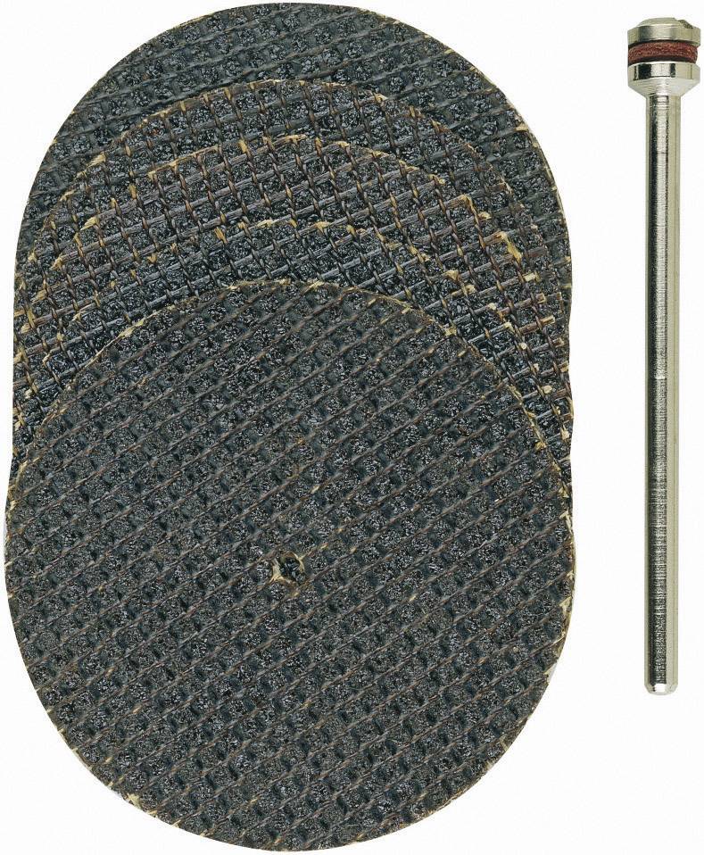 Flera fina skärskivor av metall för ett Dremel-verktygsanhang, bredvid en metallpinne för fästning.