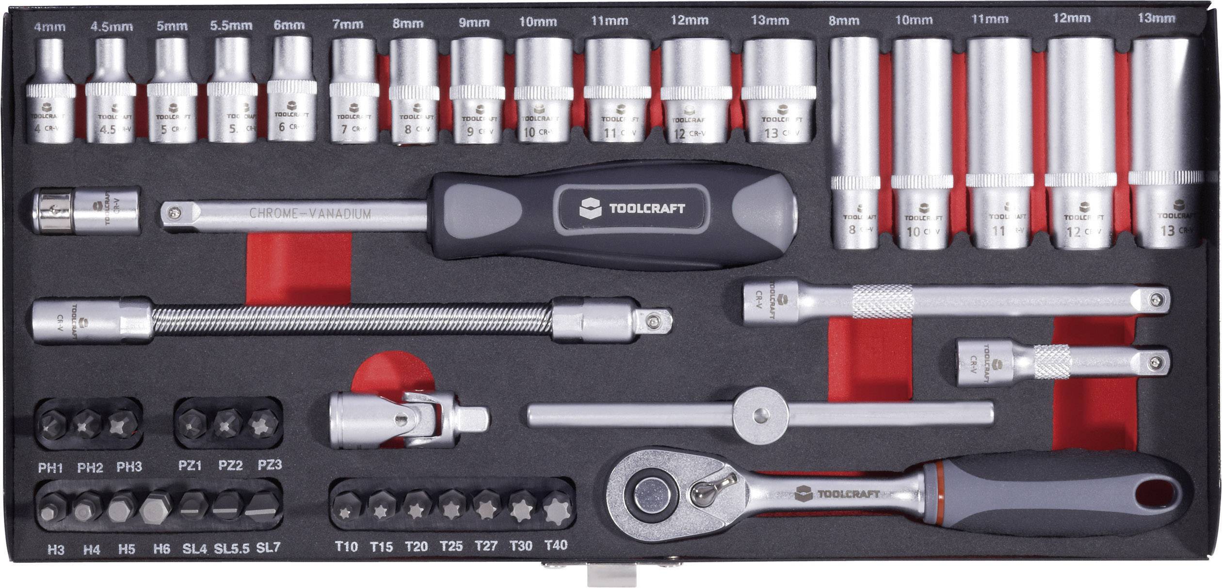 Hylsnyckelsats med olika insatser i en låda. Varumärket 'Toolcraft' synligt. Storlekar från 4 till 13 mm.