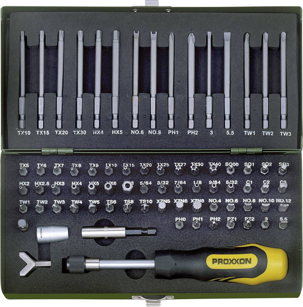 Verktygssats med olika bits och skruvmejselinsatser. Innehåller Torx-, kryss- och sexkantsbits i sorterade storlekar.