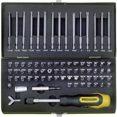 Verktygssats med olika bits och skruvmejselinsatser. Innehåller Torx-, kryss- och sexkantsbits i sorterade storlekar.