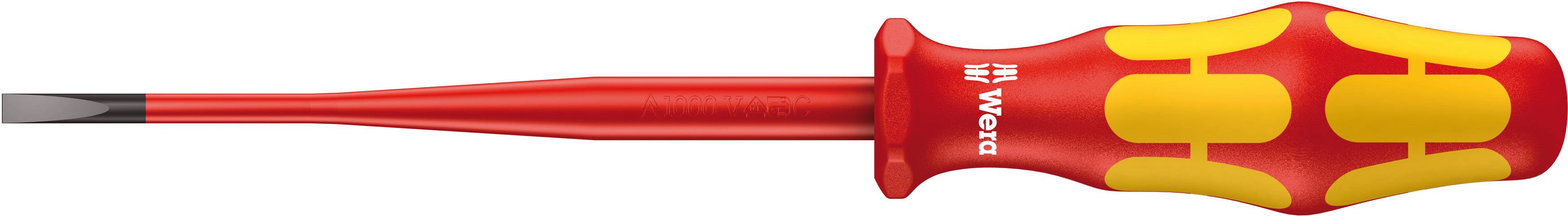 En platt, skårad skruvmejsel med röd, ergonomisk handtag och gula accenter, lämplig för precisionsarbete.