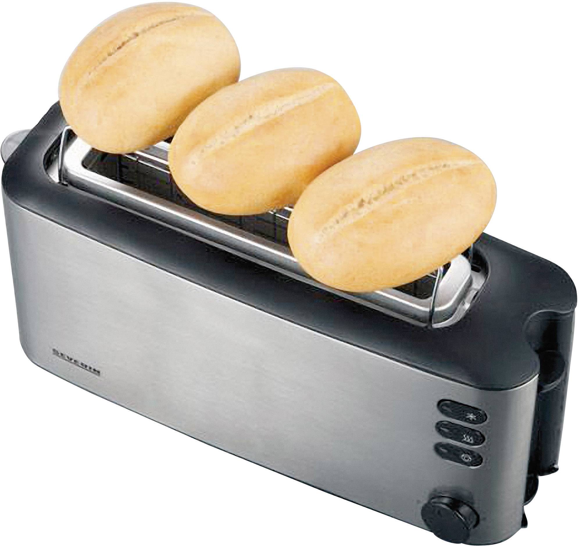 Tre brötchen toastas i en modern brödrost av rostfritt stål.