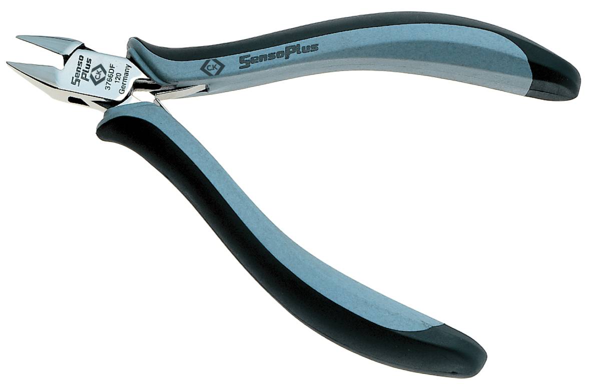 Blå och svart sidavbitare med ergonomiskt grepp. Lämplig för att klippa tunna trådar eller kablar.
