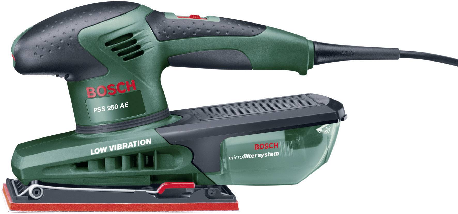 Elektrisk grön Bosch-slipmaskin med dammuppsamlingsbehållare och rött slippapper, lämplig för precisionsslipning.