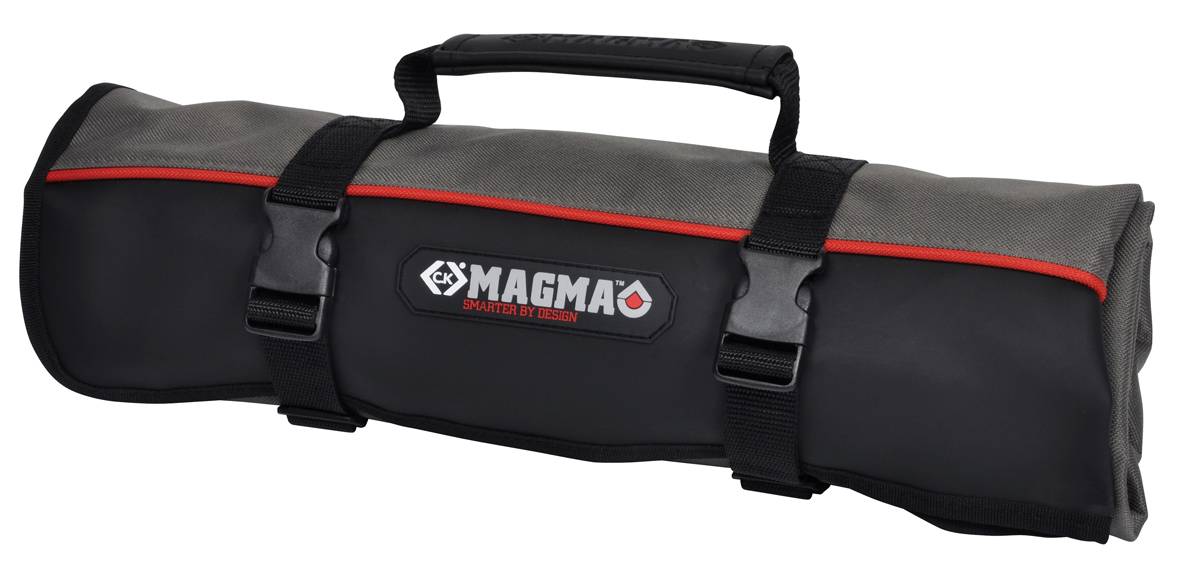 Verktygsväska med bärhandtag, svart med röd kant, varumärkets logotyp 'Magma' i mitten.