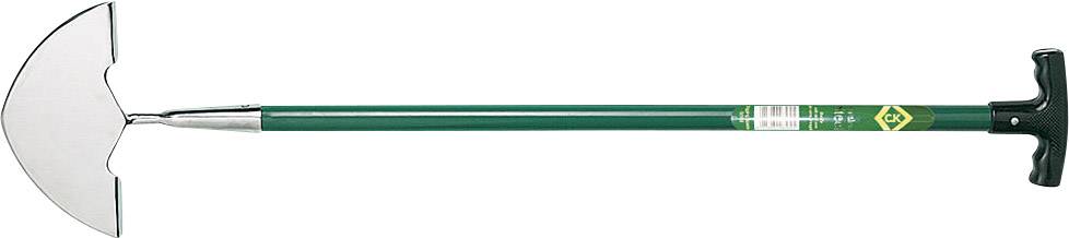 Grön grässkärare med ett halvmåneformat metallblad och svart plasthandtag, använd för att skära och forma gräskanter.