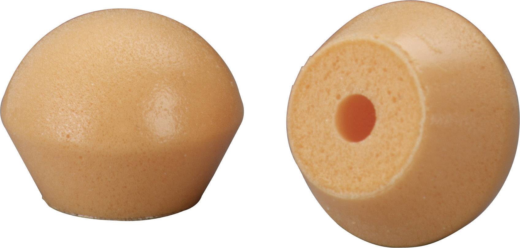 Två orangefärgade skumbollar med ett genomgående hål, möjligen avsedda som öronproppar eller dämpelement.
