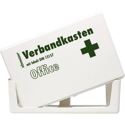En vit första hjälpen-låda med ett grönt kors, märkt 'Första hjälpen-kit Office med innehåll DIN 13157'.