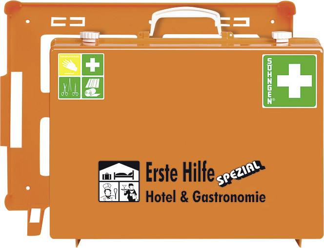 Orange första hjälpen-låda, lämplig för hotell och restauranger, med piktogram för första hjälpen-behov och märkt 'Första Hjälpen Special'.