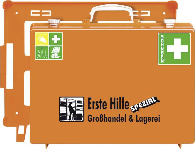 Orange första hjälpen-väska med klistermärke 'Första hjälpen Special Grossist & Lager', inklusive piktogram för förband och sax.